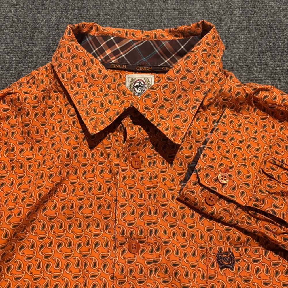 Cinch Mens XL Orange Paisley Western Button Down Shirt Long Sleeve Cotton Logo
